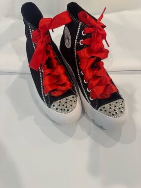 Converse Black High-Top Sneakers with Red Ribbon Laces and Crystal Toe